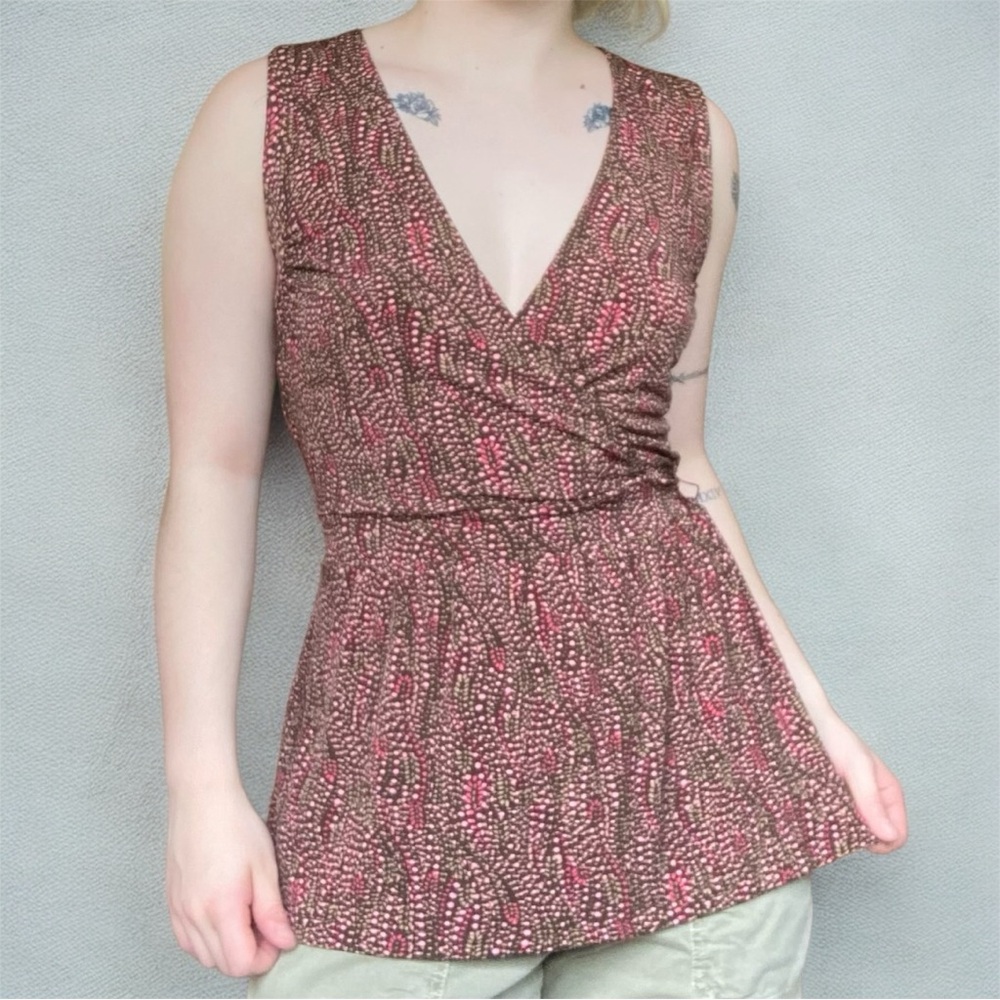 Apostrophe Stretch Brown and Pink Polka Dot Sleeveless Tie Wrap Top